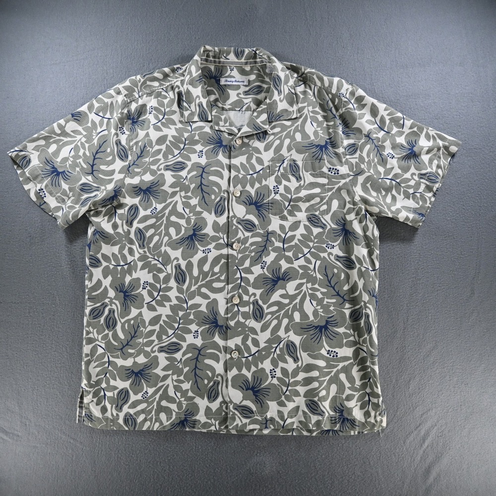 Tommy Bahama Mens IslandZone Floral Silk Blend Button Up Shirt Large Gray Blue